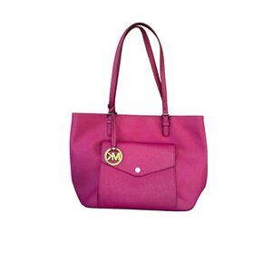 Michael Kors Pink Leather Tote Bag With Front Pocket & Logo Charm